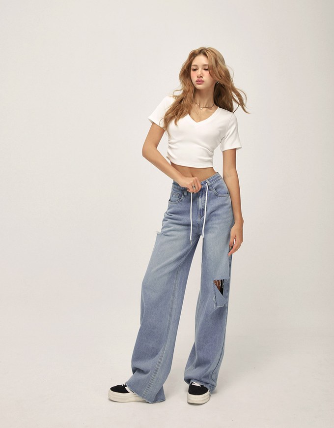 Street Drawstring Distressed Wide Pants