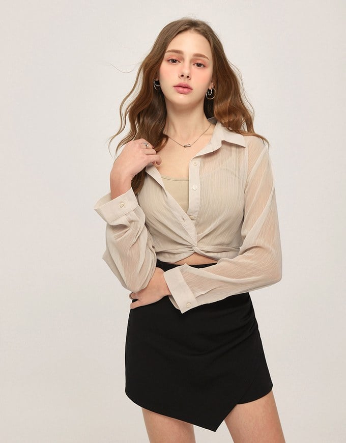 心機透膚扭結襯衫套裝