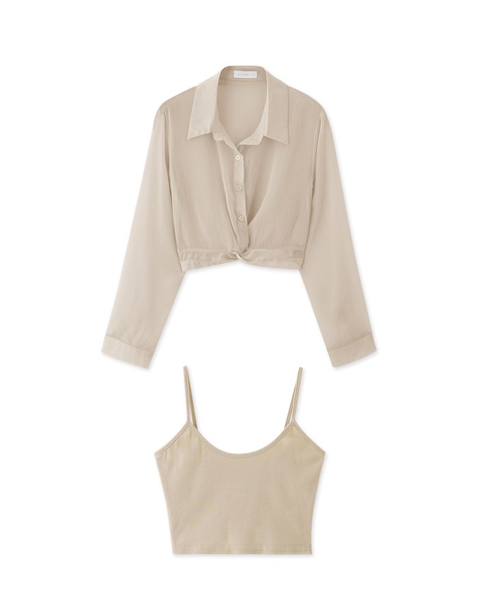 心機透膚扭結襯衫套裝