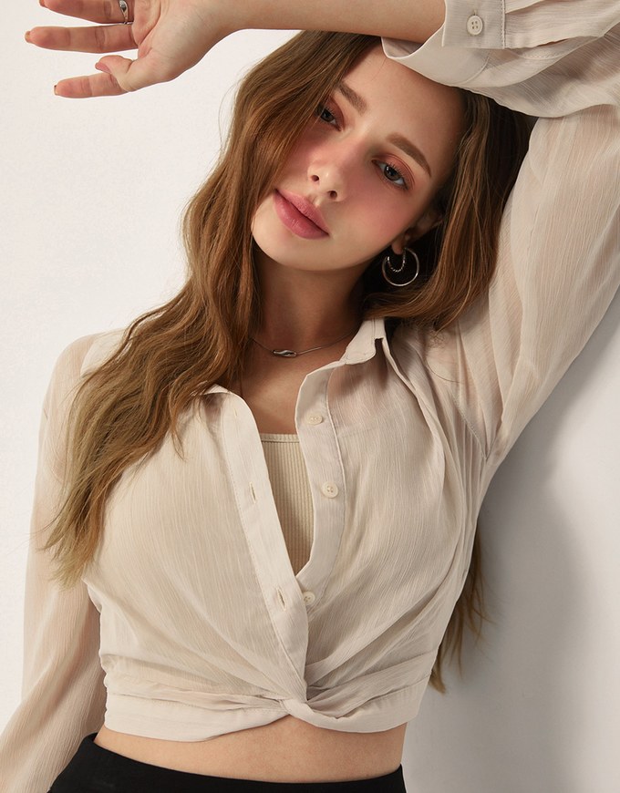 心機透膚扭結襯衫套裝