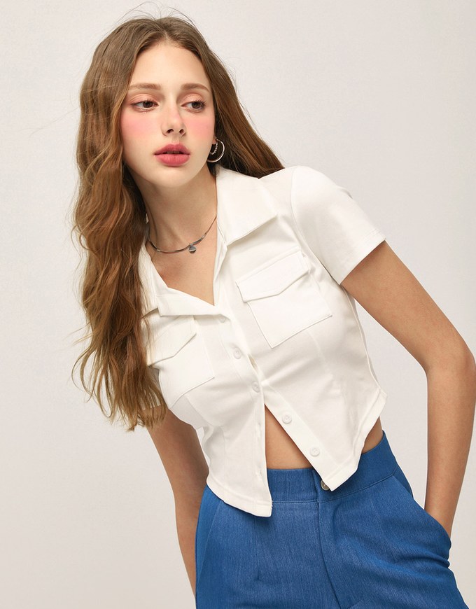 Retro Collared Cinched Waist Short Sleeve Shirt