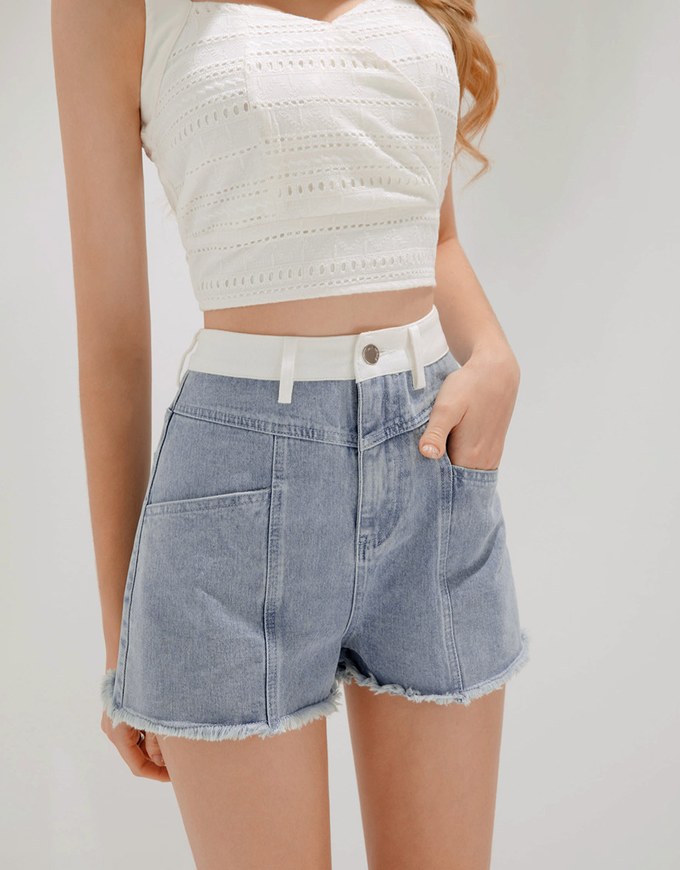 Contrast Unfinished Edge Jeans Denim Shorts