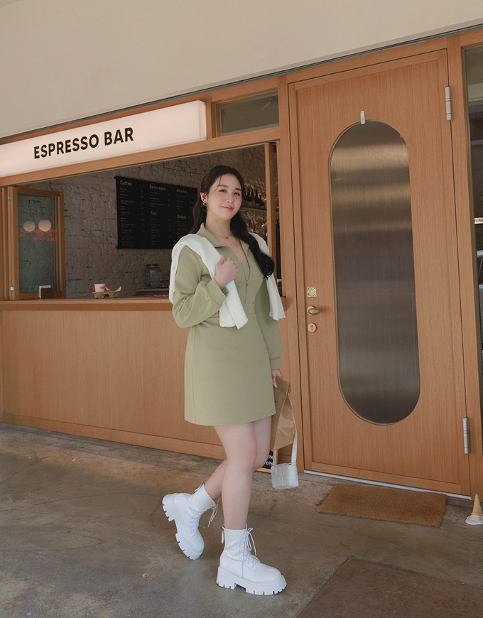 Half-Zip Turnover Collar Dress