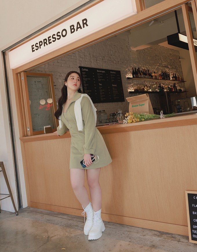 Half-Zip Turnover Collar Dress