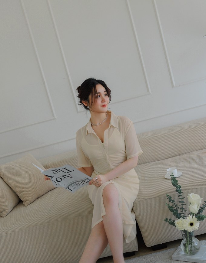 Sheer Ruched Blouse Long Dress Set Wear - AIR SPACE