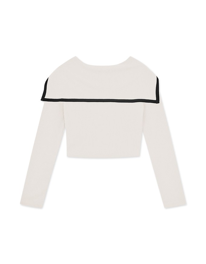 Turnover Collar Contrast Colour Ribbed Top