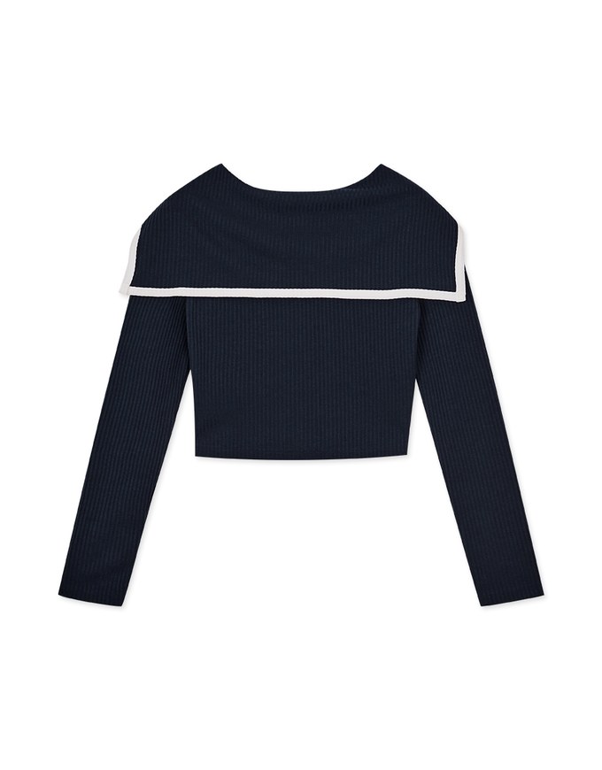 Turnover Collar Contrast Colour Ribbed Top