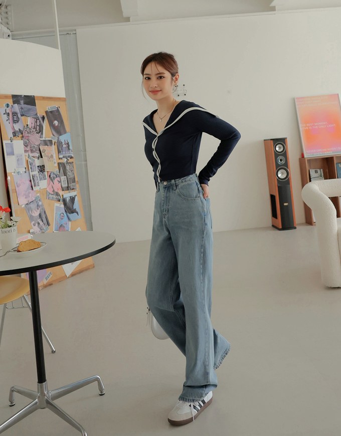 Turnover Collar Contrast Colour Ribbed Top