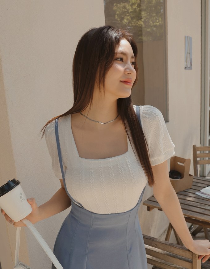 Texture Square Neckline Puff Sleeve Top