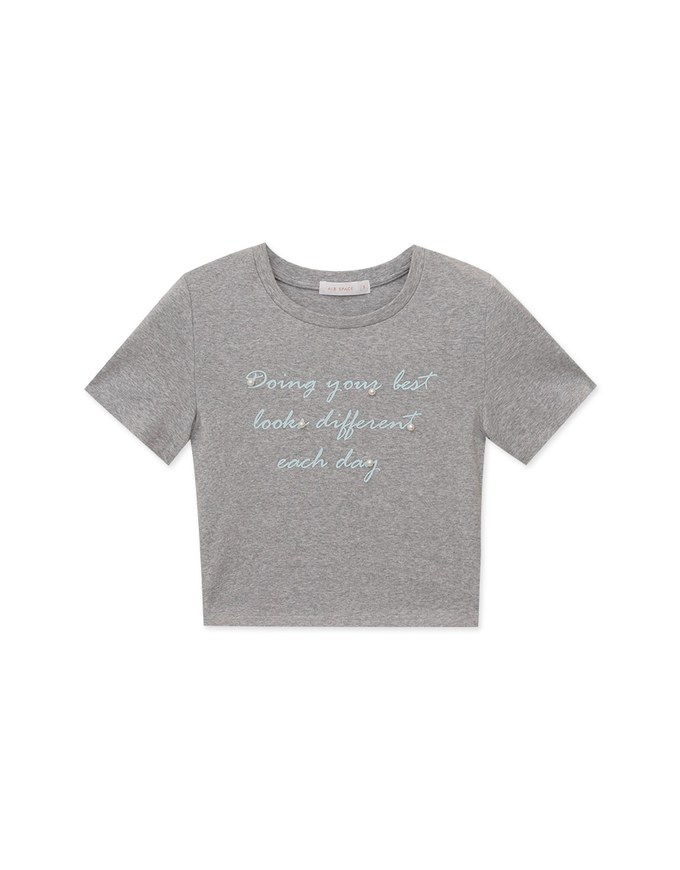 Alphabet Pearl Embellished Round Neck Tee Top