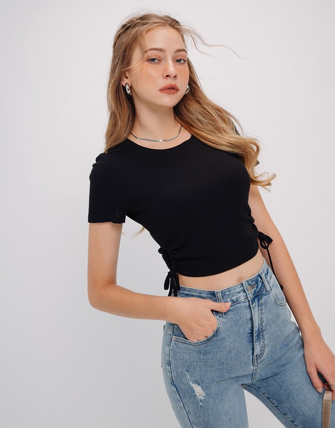 Ribbed Side Tie Crew Neck Top