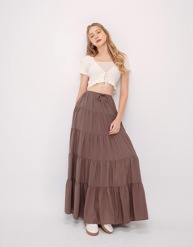 Maxi Long Skirt With Elastic Waistline And Drawstring Tiered & Textured Beach Style