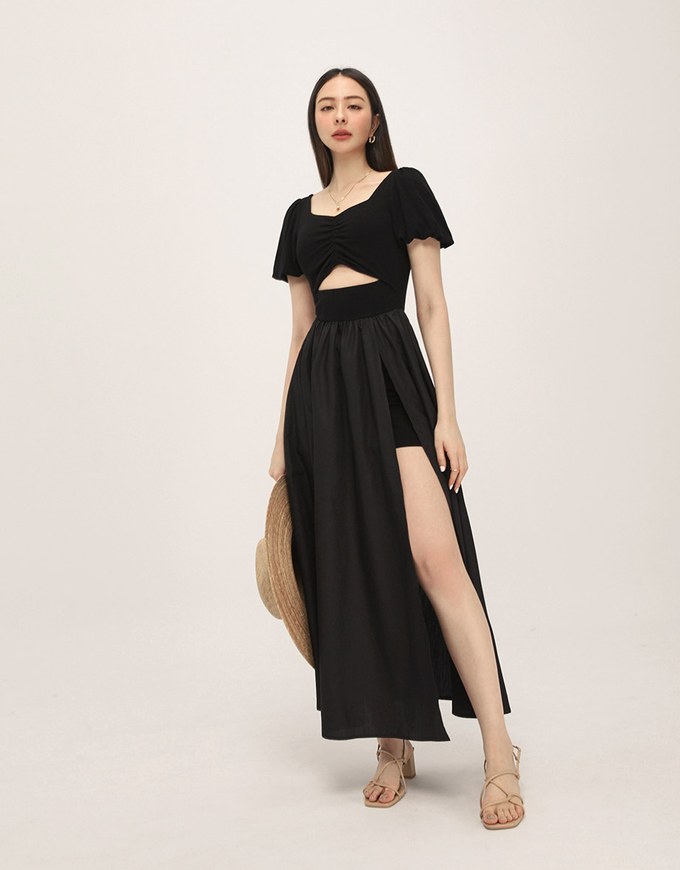 French Retro Hollow Puff Short Sleeve Dress