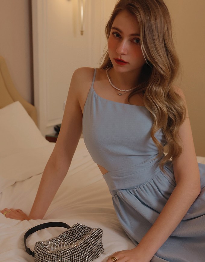 Beveled Hollow Side Ruched Mini Dress