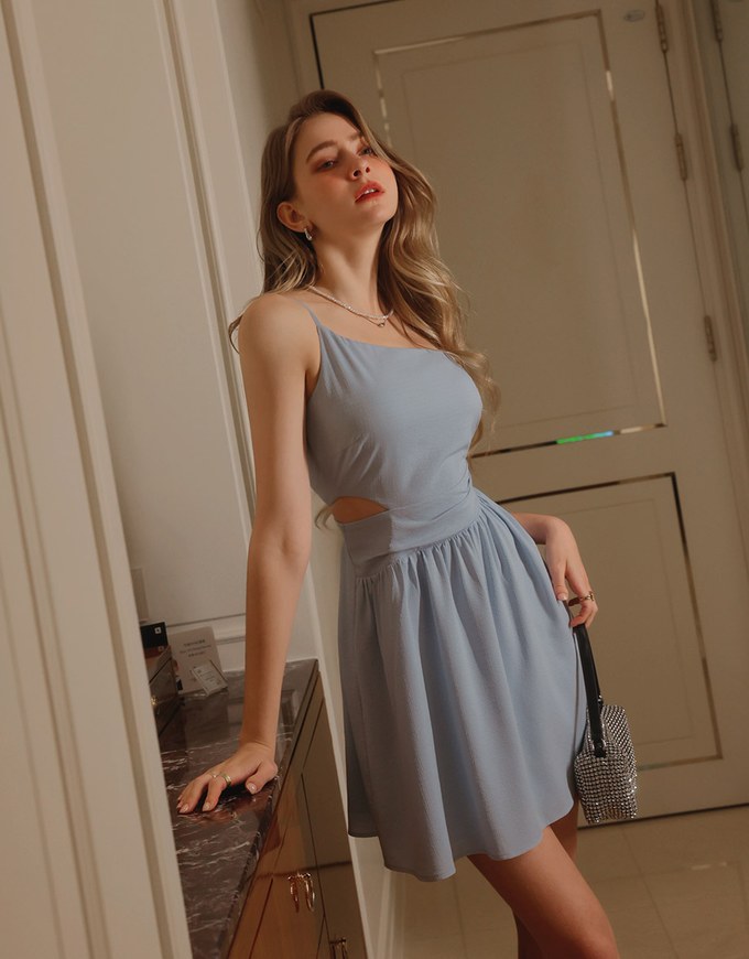Beveled Hollow Side Ruched Mini Dress