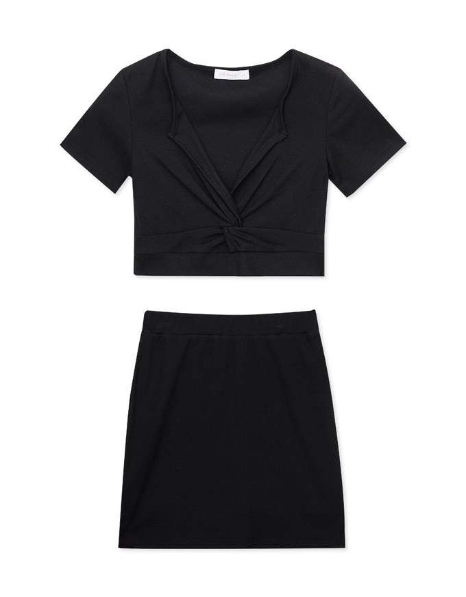 Deep V Knotted Ribbed Skirt Set Wear
