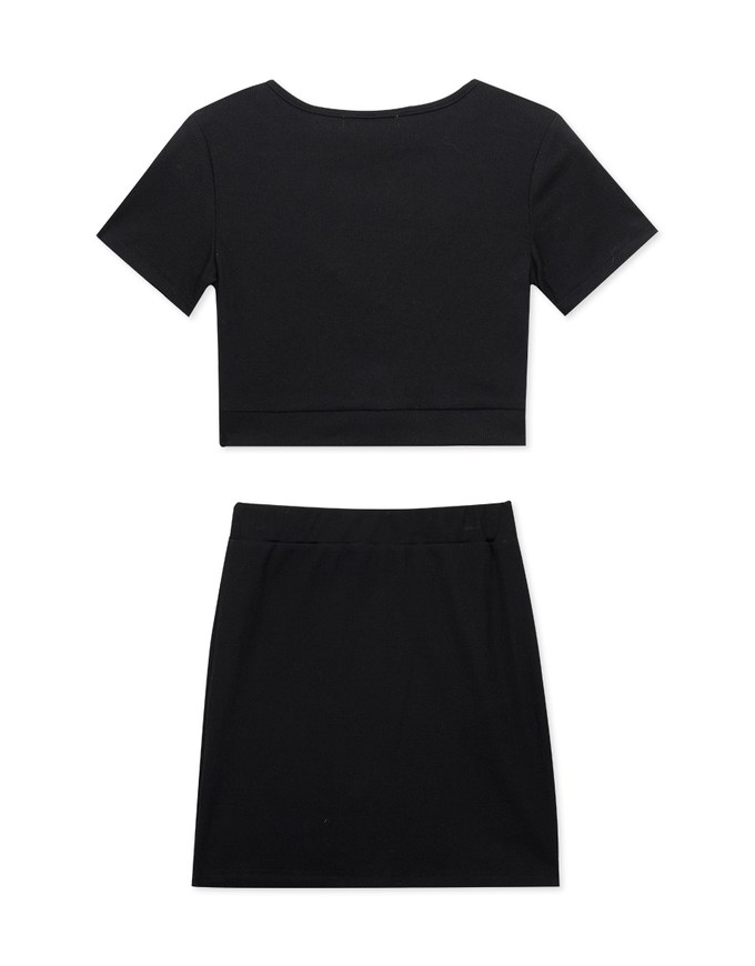 Deep V Knotted Ribbed Skirt Set Wear