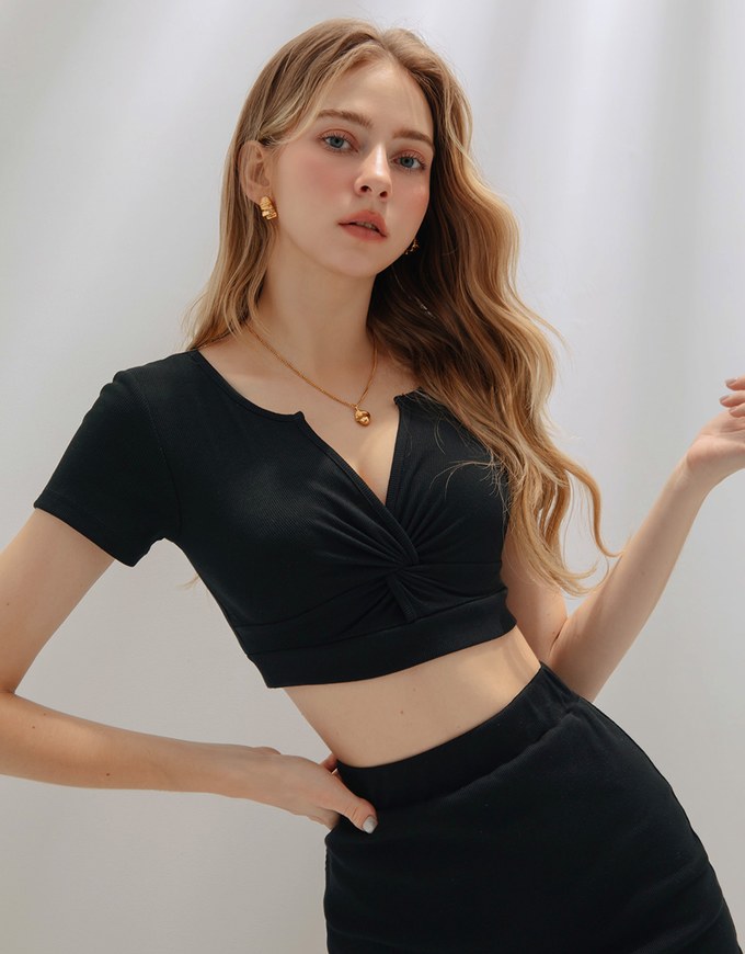 Deep V Knotted Ribbed Skirt Set Wear