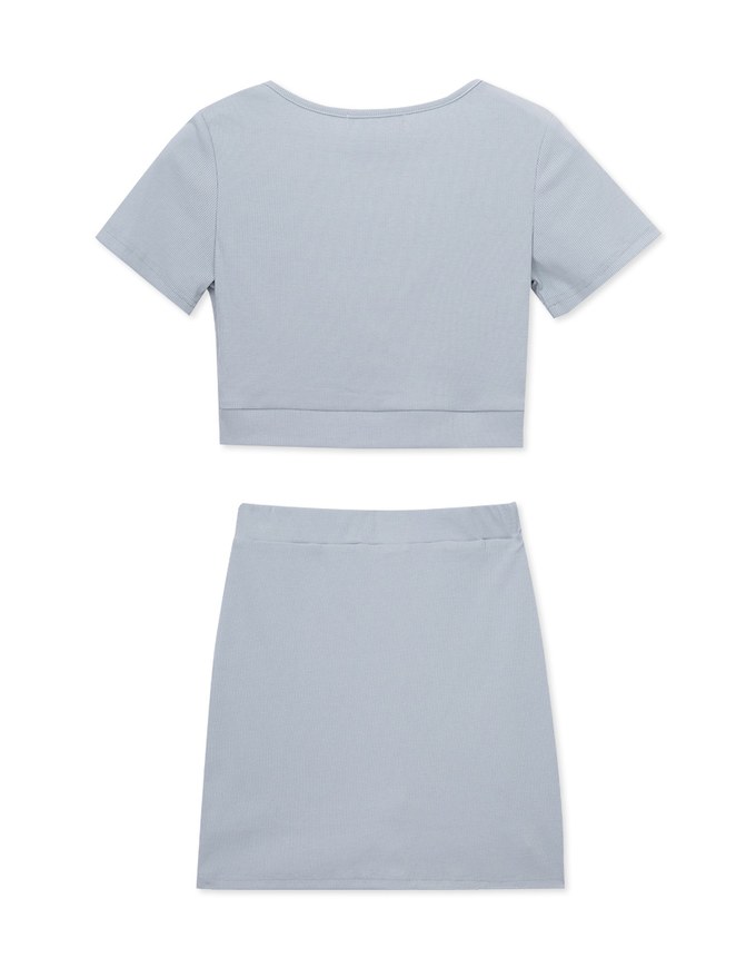 Deep V Knotted Ribbed Skirt Set Wear
