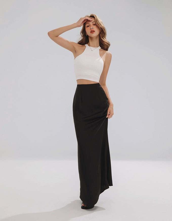 Soft Matte Satin Umbrella Hem Long Skirt