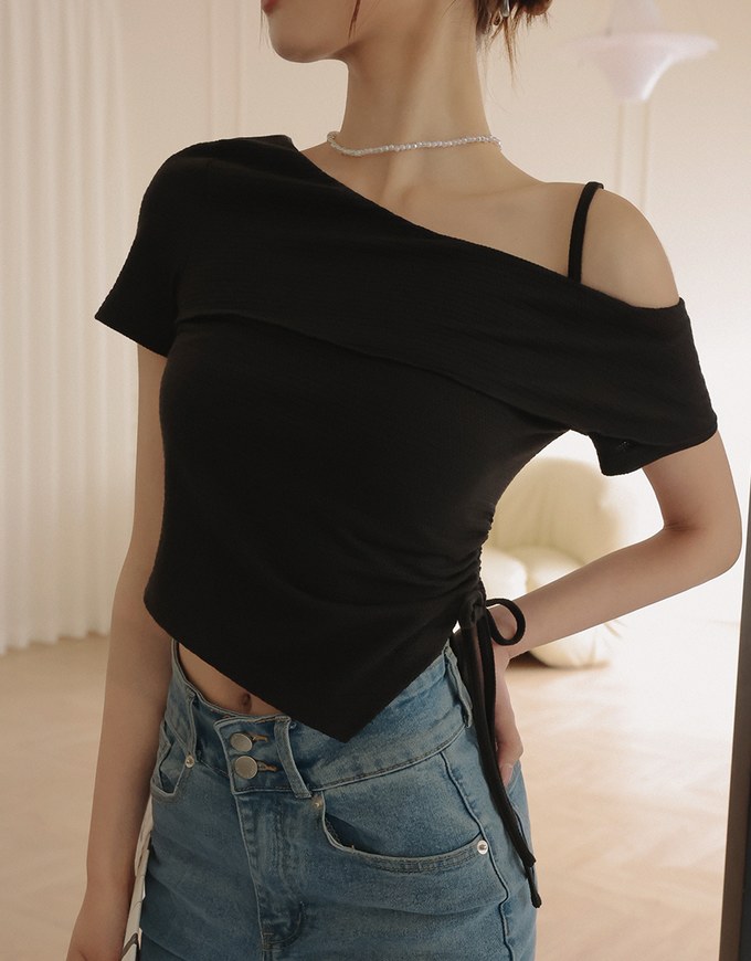 Cut Out Shoulder Ruched Ruffle Knit Top