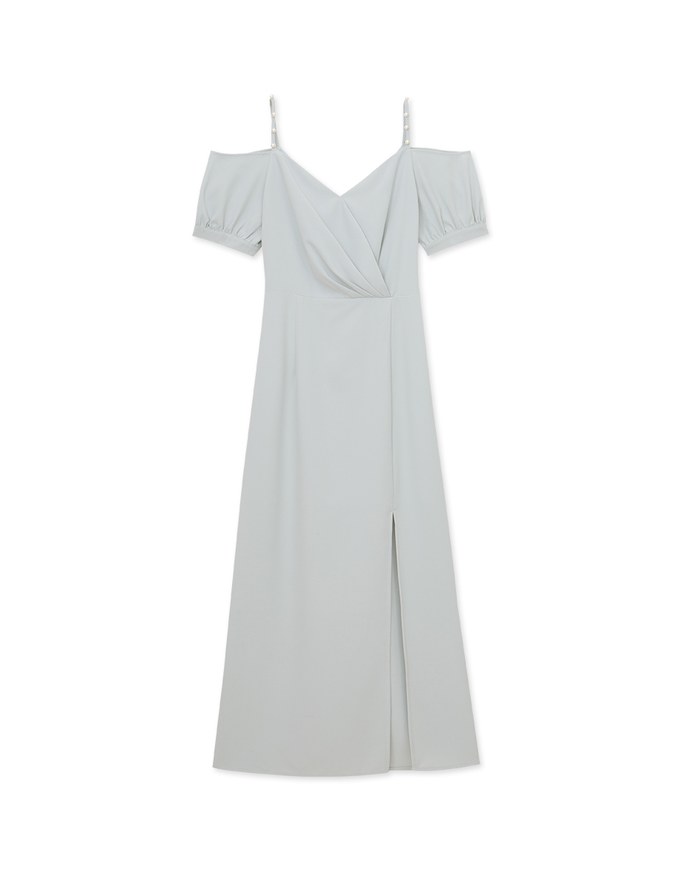 Elegant Pearl Strap Puff Sleeve Maxi Dress