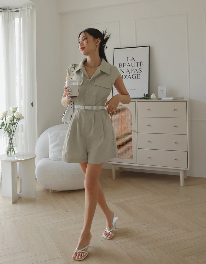 Smart Open Collar Playsuit (With Belt)