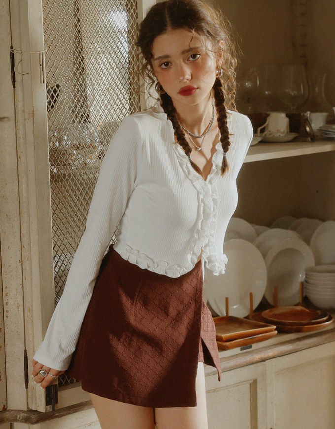 French Style Cardigan Top with Ruffled Trim