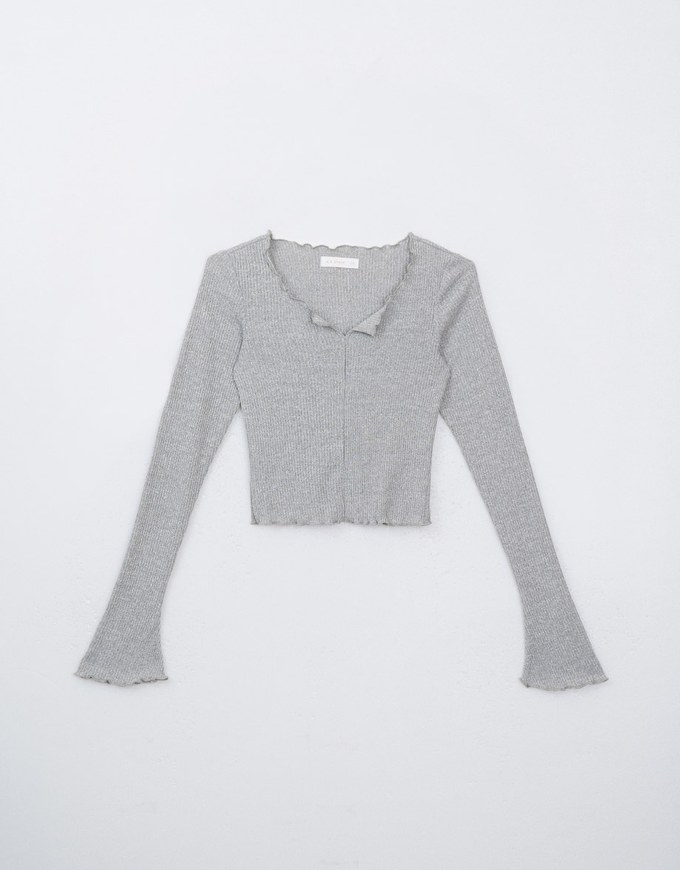 Simple V Neck Ruffled Trim Top
