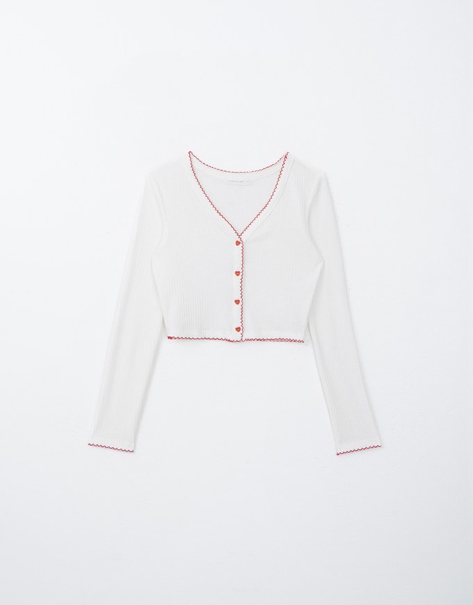 Heart Button Rib Knit Trim Top