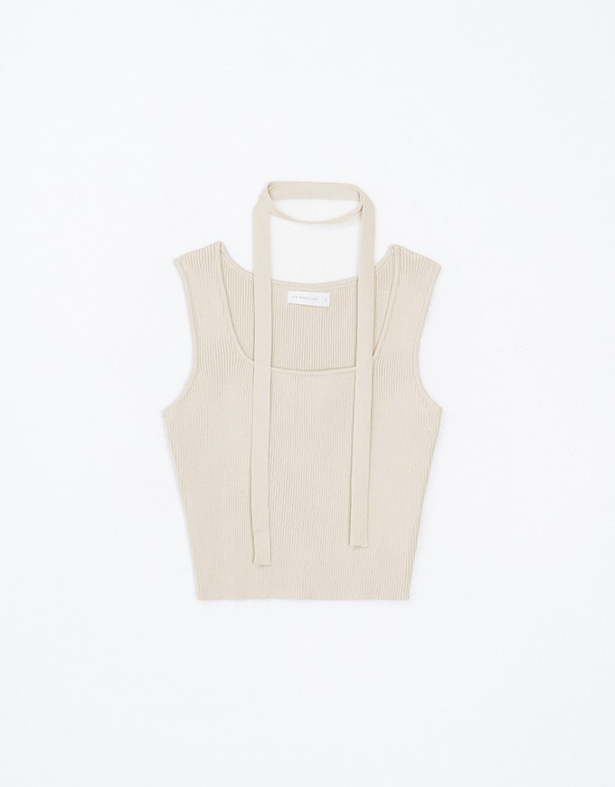 Square Neck Fitted Knit Tank Top (With Scarf)