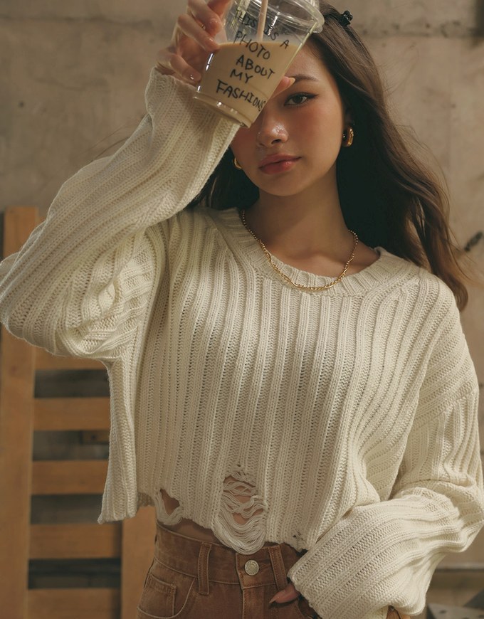 Distressed Crew Neck Knit Cropped Sweater