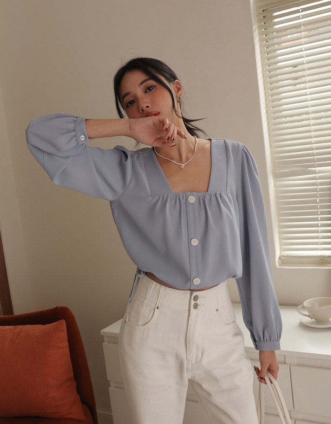 Long Sleeve Square Neck Button Up Side Drawstring Top