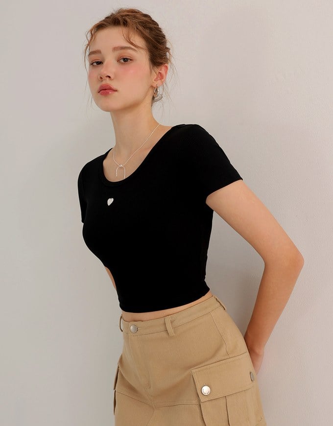 Ribbed Knit Crop Tee with Logo Heart Charm Accent