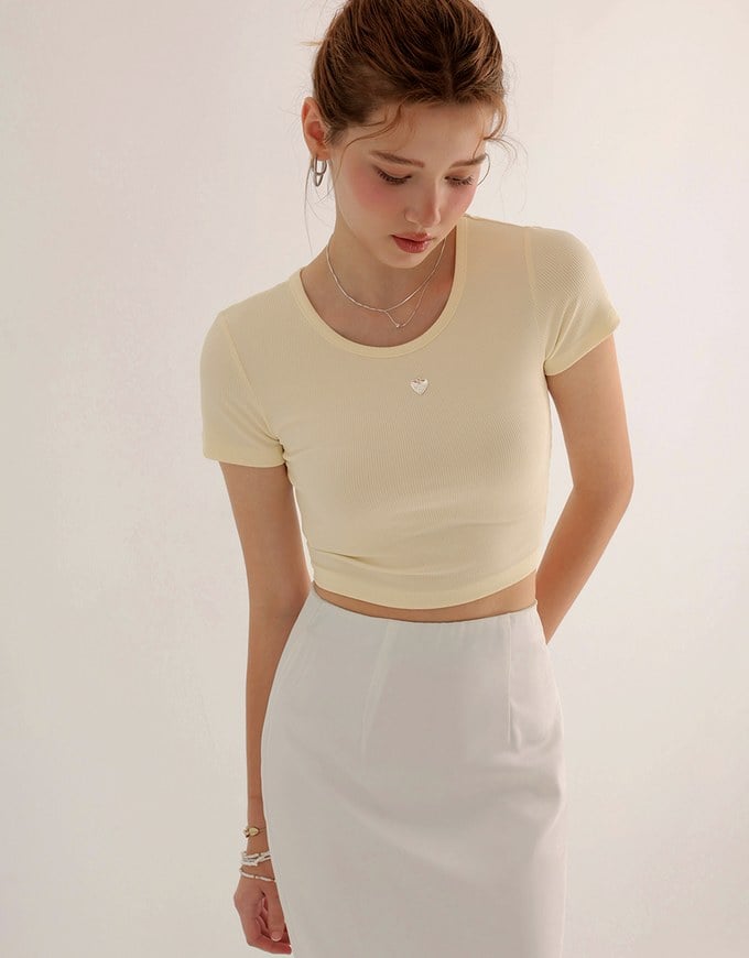 Ribbed Knit Crop Tee with Logo Heart Charm Accent