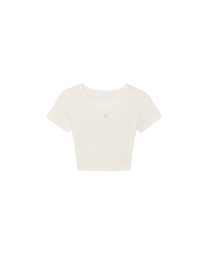 Ribbed Knit Crop Tee with Logo Heart Charm Accent