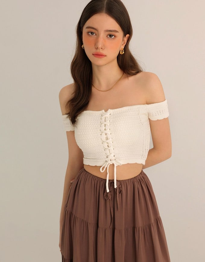 Off Shoulder Crochet Lace Up Padded Crop Top
