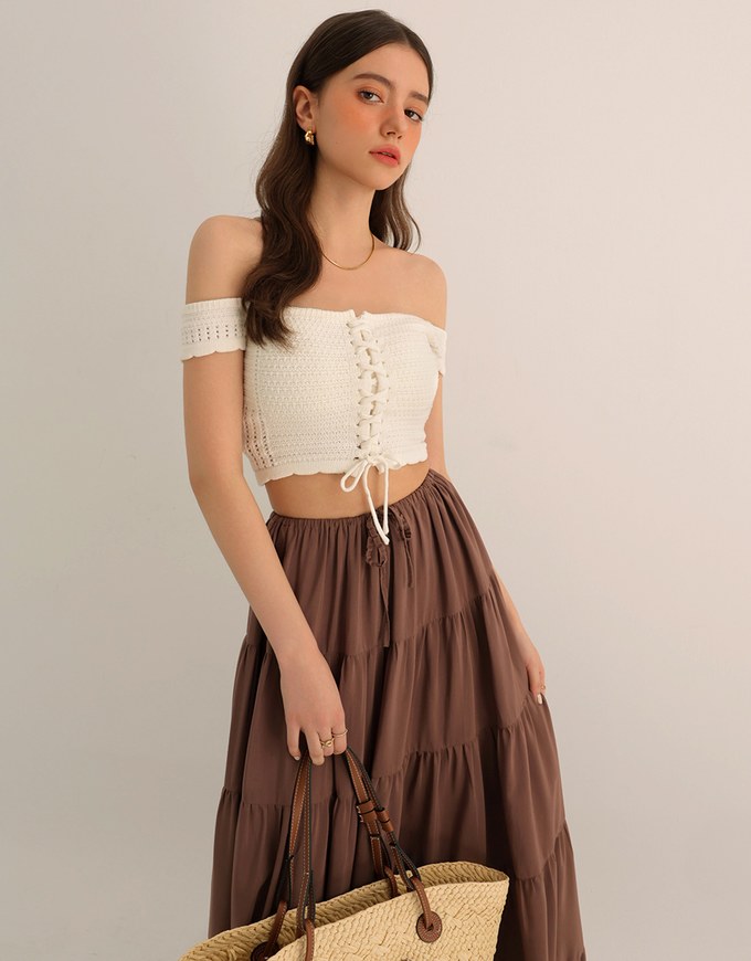 Off Shoulder Crochet Lace Up Padded Crop Top