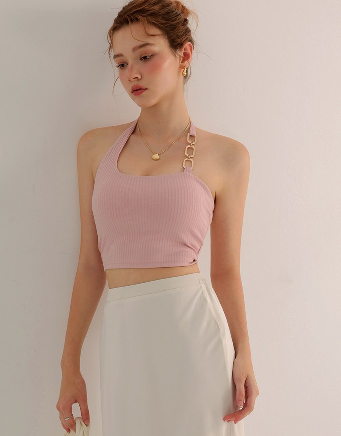 One Shoulder Ribbed Knit Padded Tank Top with Bold Chain Strap