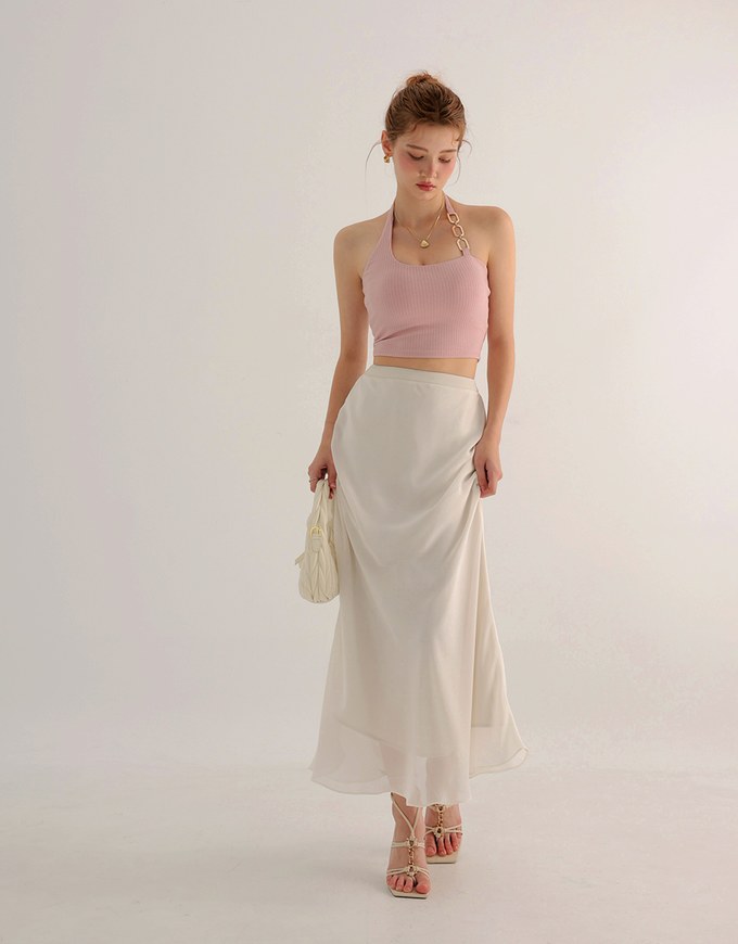 One Shoulder Ribbed Knit Padded Tank Top with Bold Chain Strap