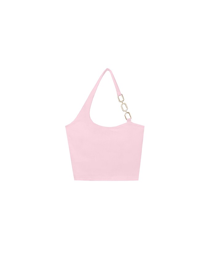 One Shoulder Ribbed Knit Padded Tank Top with Bold Chain Strap