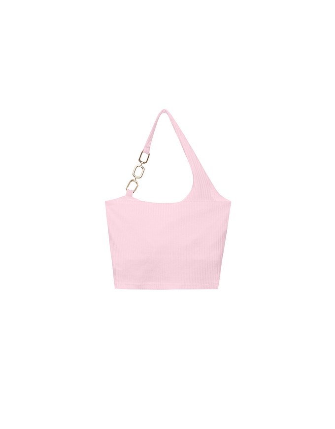One Shoulder Ribbed Knit Padded Tank Top with Bold Chain Strap