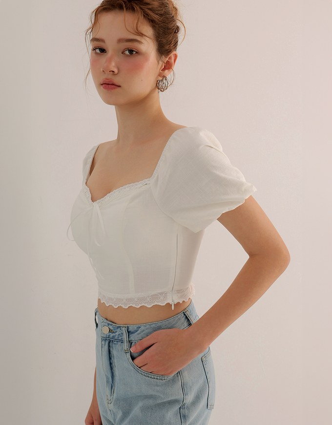2 Way Sweetheart Puff Sleeve Lace Trim Padded Crop Top