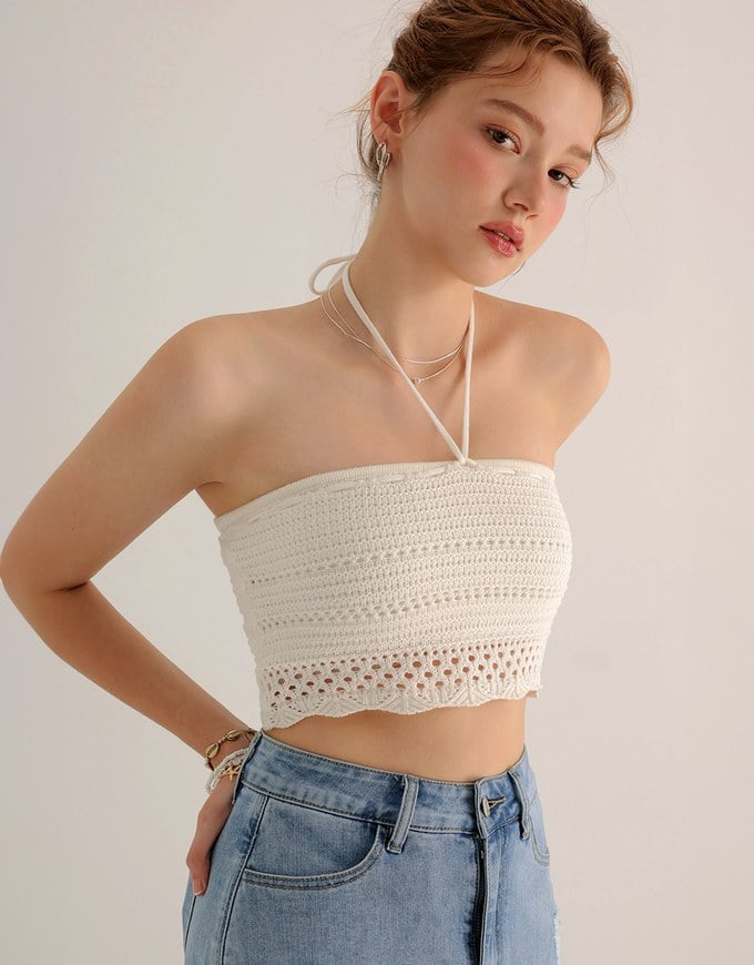 2 Way Convertible Lace Crochet Bandeau Top with Tie Detail