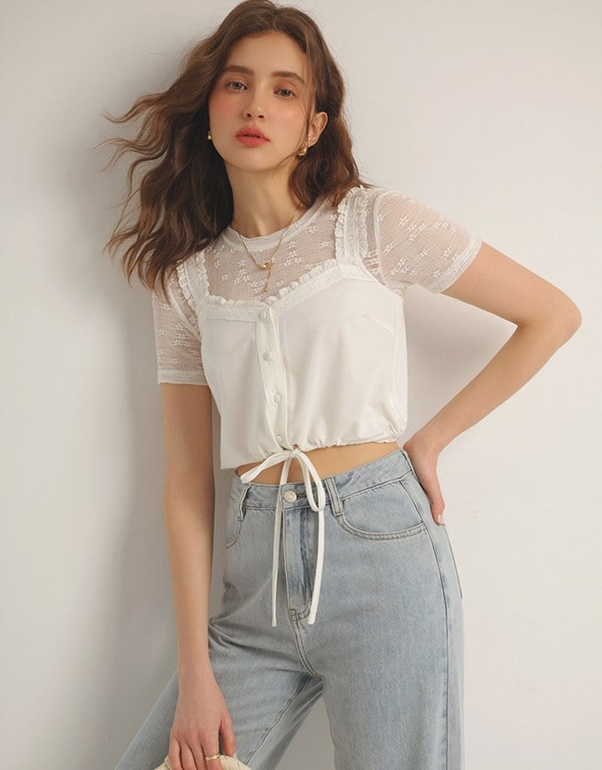 Lace Trim Buttoned Cropped Cami Top with Drawstring Hem