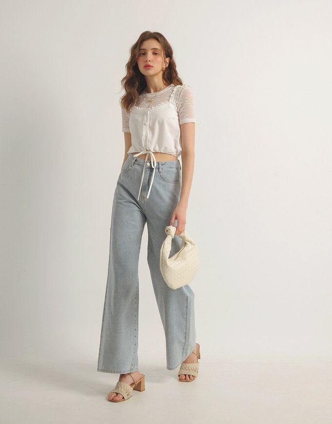 Lace Trim Buttoned Cropped Cami Top with Drawstring Hem