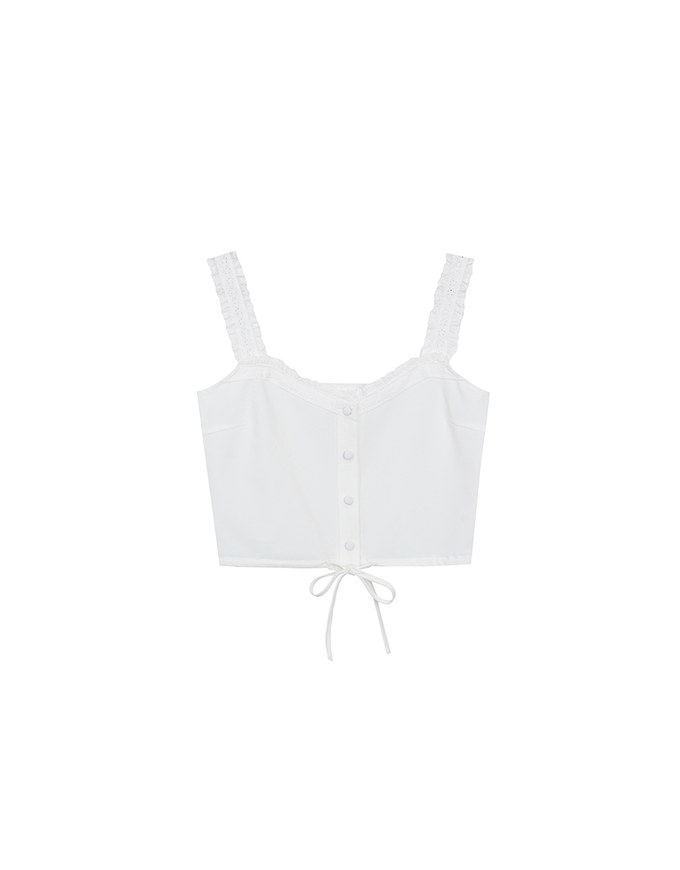 Lace Trim Buttoned Cropped Cami Top with Drawstring Hem