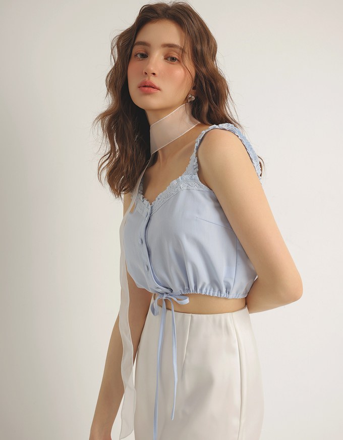 Lace Trim Buttoned Cropped Cami Top with Drawstring Hem