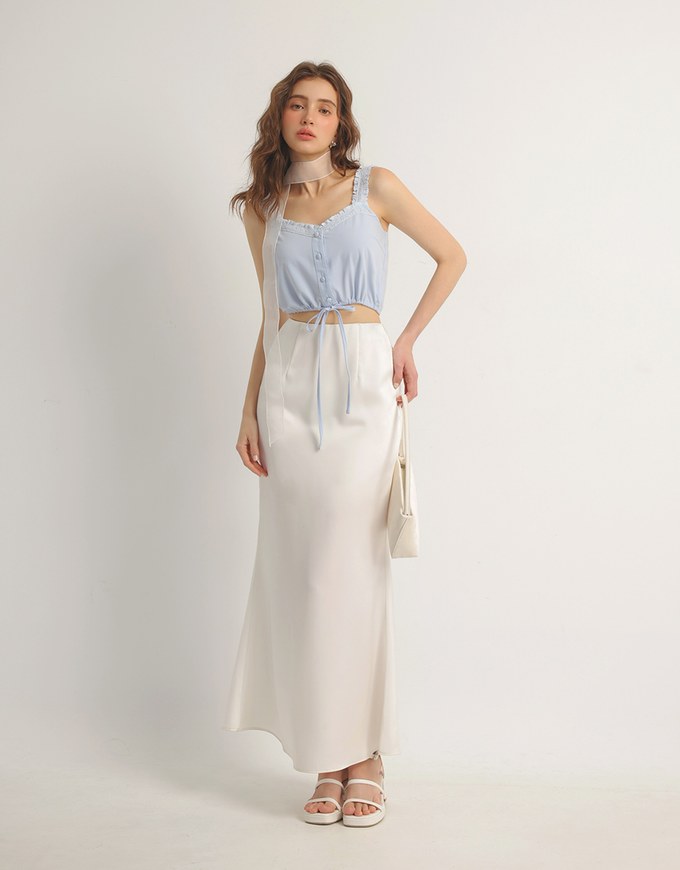 Lace Trim Buttoned Cropped Cami Top with Drawstring Hem