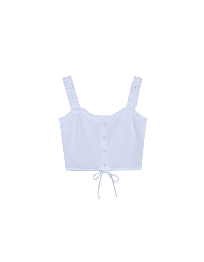 Lace Trim Buttoned Cropped Cami Top with Drawstring Hem